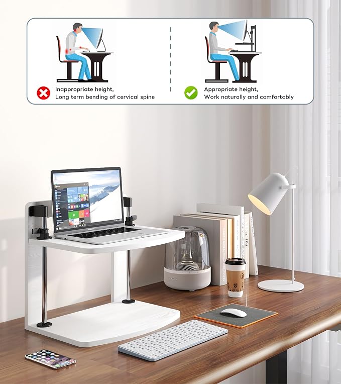 15.6 14 13.3 Inch Laptop Computer Monitor Stand Riser for Reduced Neck Strain, Adjustable Height Desk Shelf Organizer Monitor Riser Stand for PC Monitor Laptop - Withe - Wood Grain, MR01-L - Image 3