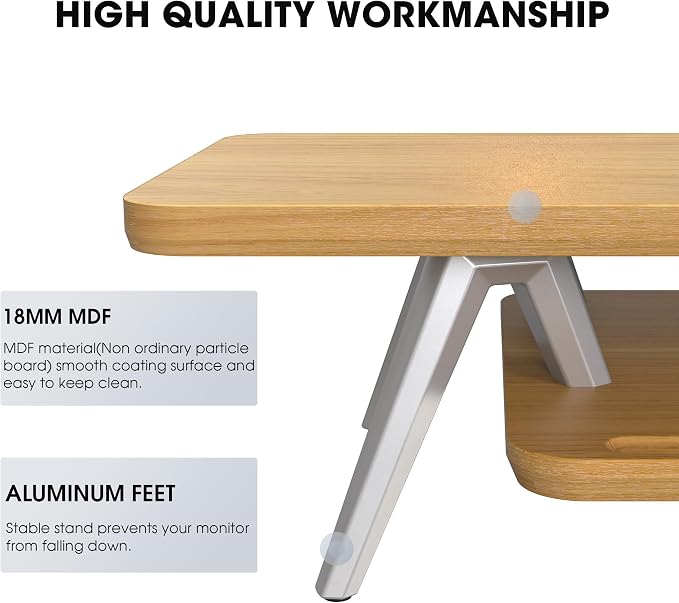 Fenge Dual Monitor Stand Riser, Wooden Desk Shelf with 2-Tier Storage | 47.2-Inch Extra Wide, Sturdy Aluminum Legs, Built-In Phone & Tablet Slot, Desktop Organizer for Office Accessories - Image 4