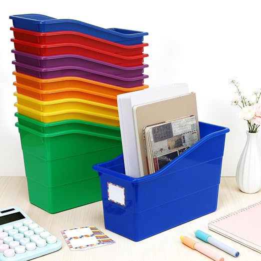 gisgfim 12 Pack Large Book Bins with Labels (Rainbow) | Durable Plastic,Stackable Magazine Organizer,Storage Bins for Classroom,Library,Office,Bookshelf Categorization - Image 4