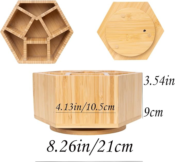 360° Rotating Bamboo Desk Organizer, Hexagonal | 360° Rotating, Art Supply Holder & Office Storage Caddy, For Colored Pencils, Crayons, Paintbrushes - Image 3
