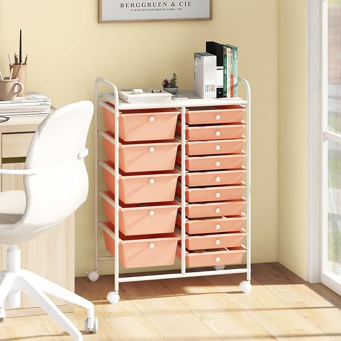 DORTALA 15-Drawer Rolling Storage Cart with Drawers, Rolling Utility Cart w/Removable Drawers & Universal Wheels, Tools Scrapbook Paper Organizer for School, Office, Home, Classroom (Light Pink) - Image 2