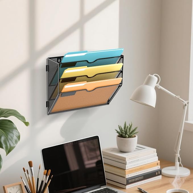 3 Tier Wall File Organizer, Hanging Wall Mounted Mail Organizer with Label Slots, Metal Mesh File Holder Magazine Rack for Office, Home, School or Classroom, Black - Image 2