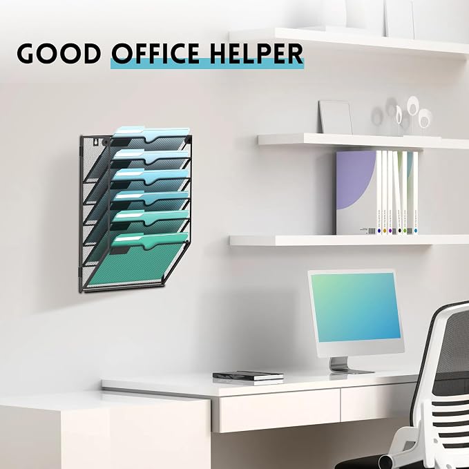 6-Tier Wall File Organizer, Hanging File Holder, Wall Mounted Mail Sorter | Metal Mesh Hanging File Organizer with Open Compartments and Label Panels for Papers and Folders at Home, Office or School - Image 5