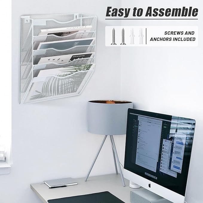 5 Pocket Mesh Hanging Wall File Organizer, Wall Mounted Mail Paper Document Folder Holder, Clipboard Storage Organization Magazine Rack with Nametag Label for Office Home School, White - Image 6