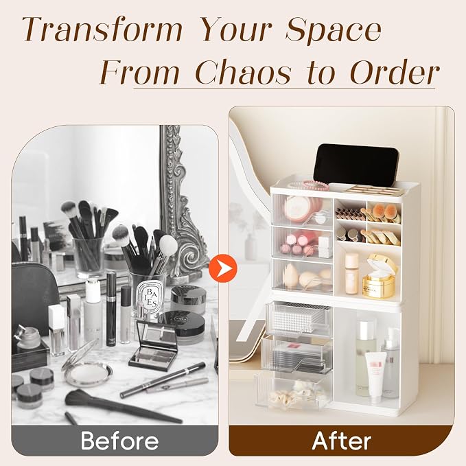 Small Makeup Organizer with Drawers, Stackable Bathroom Couneter Organizer with Phone Holder, Versatile Vanity Organizer Countertop, Cosmetic Organizer for Makeup Brush, Skin Care, Lotion -White,2Pack - Image 3