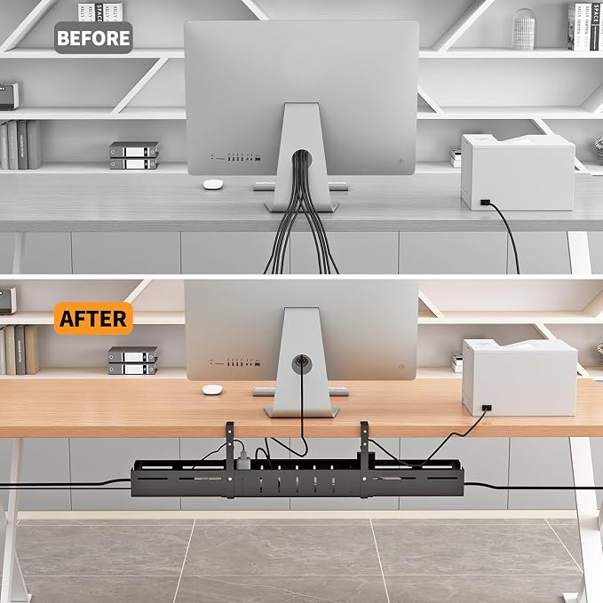 Under Desk Cable Management Tray, Expandable Length 25.2"-38.6",No Drill No Damage to Desk,Cable Tray with Clamp for with Wire Management,for Cord Organizer for Home Office Standing Desk, Black - Image 6