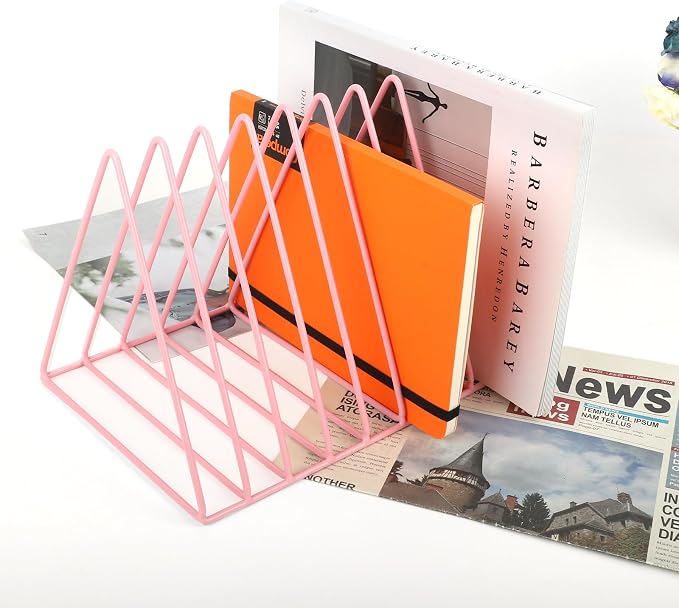 Vinyl Record Holder Storage, 9 Slot Metal Magazine Book Album Display Rack, Stylish Triangle Desktop File Sorter Organizer for Home Office, Pink Pack of 2 - Image 4