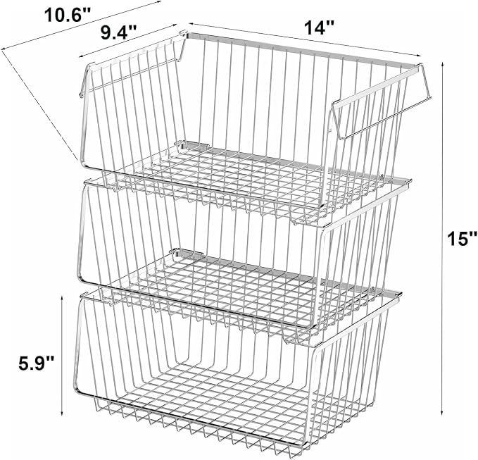 Wire Storage Basket Stackable Organizer Storage Baskets Bins Sturdy Metal Organization with Handles for Pantry, Kitchen, Closets, Bathroom, Cabinets, Kitchen, Set of 3 - Image 3