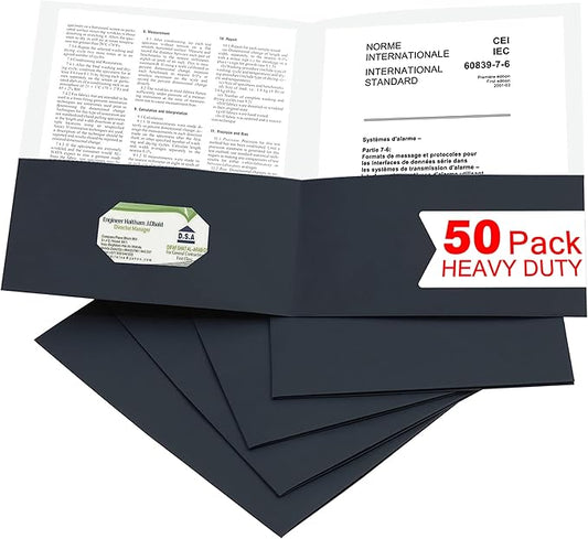 Zzrywuty 50 Packs Two Pocket File Folders with Business Card Slot,Letter Size,Holds 100 Sheets for School,Office,Business,Black by Zzrywuty