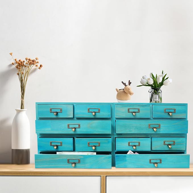 4 Pcs Vintage Desktop Organizer Set, Wooden 12 Drawer Storage Cabinets with Metal Handles & Label Slots, Stackable Apothecary Chest for Office, Herb, Tea, Jewelry and Stationery Organization (Blue) - Image 5