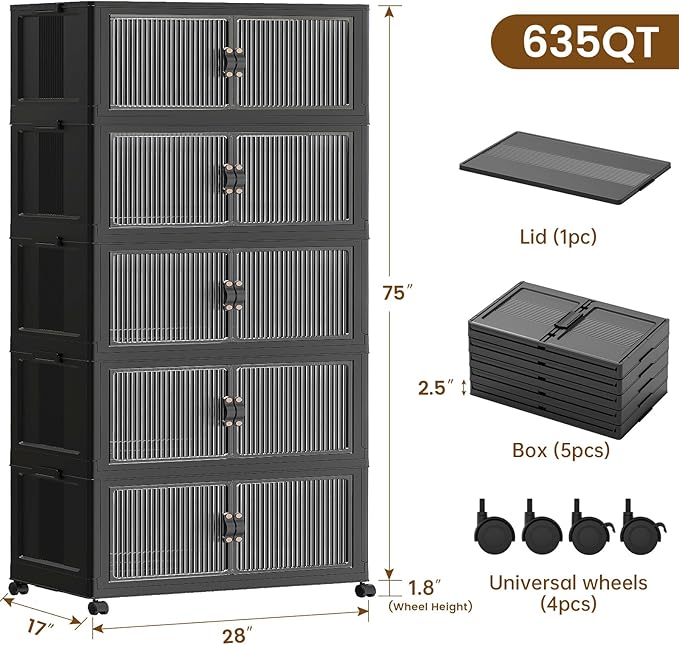 SAILUN 635Qt Large Stackable Storage Bins,Storage Cabinet with a Lid,Black | Stackable Storage Drawers with Lids,28" W x 17" D x 75" H,Featuring open-front Access for Clothes and Closet Storage - Image 2