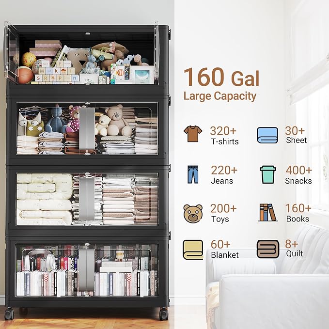 BROVIEW 640QT Stackable Storage Bins with Lids, 160Gal Extra Large Collapsible Storage Box with Wheel, Plastic Storages with Clear Door Open Front for Home Kitchen Garage, Black-4pack - Image 7