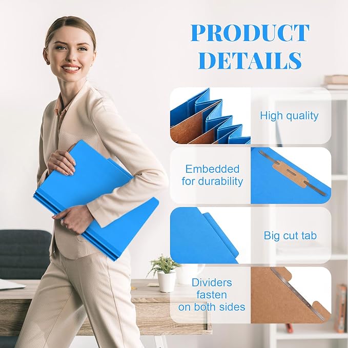 AmazingSpark 24 Pcs Classification Folder Letter Size Bulk 3 Divider Pressboard File Folder with Expansion 2 Prong Fastener Heavy Duty Office File Organizer for School Medical Document(Business Blue) - Image 4