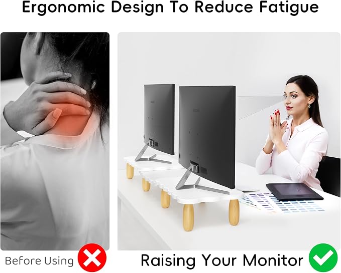AFOOYO Dual Monitor Riser, Cookie-Shaped Adjustable Length & Swivel Angle, Wooden Desktop Organizer for 2 Monitors,Monitor Stand with Drawer for Laptop, PC, Computer, Printer,White - Image 6