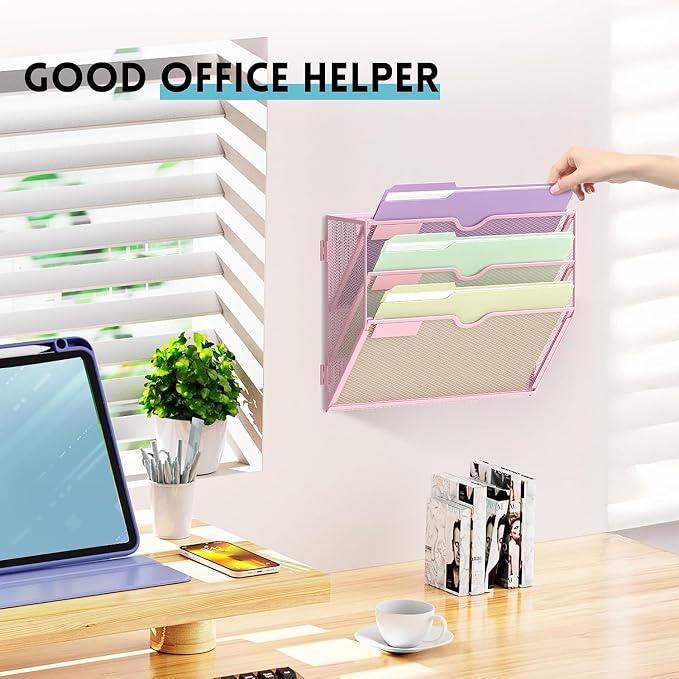3 Tier Wall File Organizer, Hanging Wall Mounted Mail Organizer with Label Slots, Metal Mesh File Holder Magazine Rack for Office, Home, School, Pink - Image 4