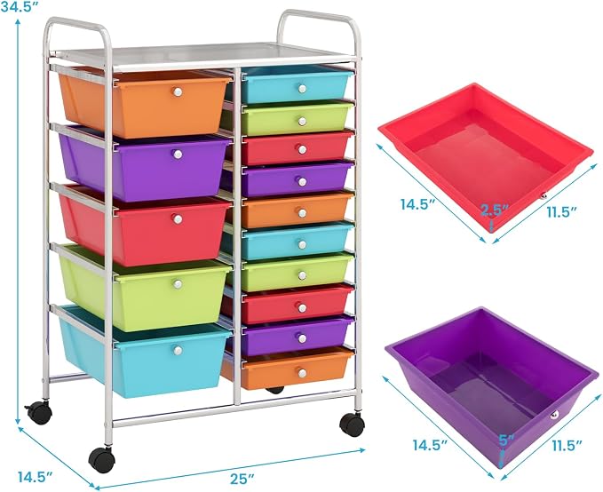 Giantex 15-Drawer Organizer Cart Office School Storage Cart Rolling Drawer Cart for Tools, Scrapbook, Paper (Multicolor) - Image 3