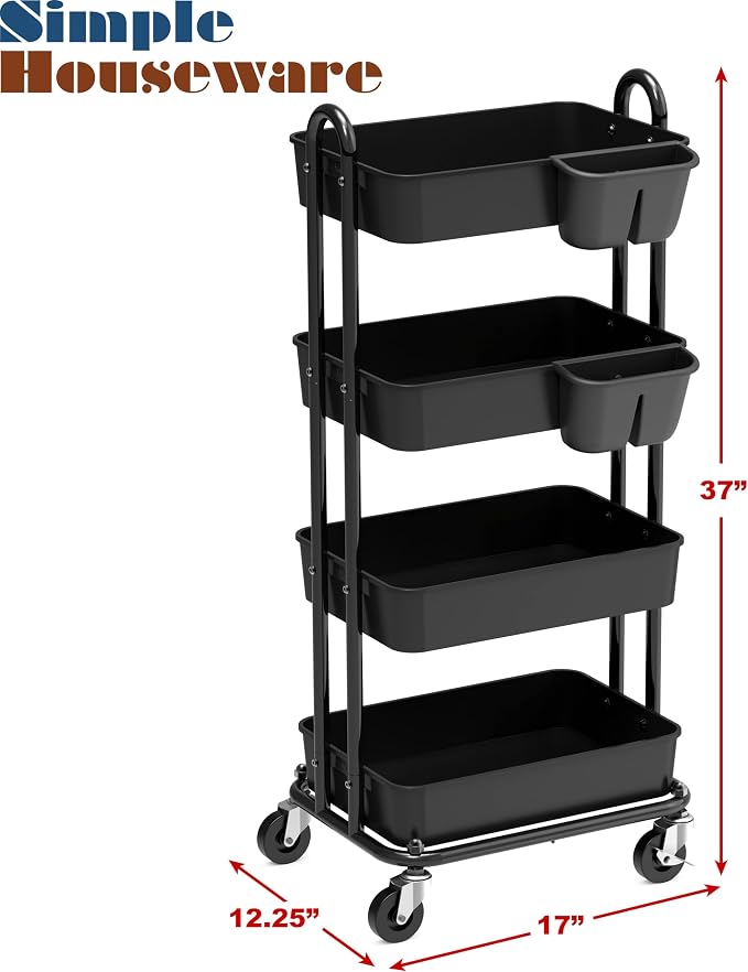 Simple Houseware 4-Tier Rolling Utility Cart with Hanging Bucket, Black | Storage for Bathroom, Kitchen, Office, Study Room, Nursery Diaper - Image 6