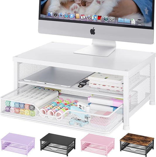 Computer Monitor Stand Riser, Desk Organizer with Drawer, Printer & Laptop Stand, Office Desk Accessories & Workspace Desktop Organizers Storage for Office Supplies(White) by OPNICE