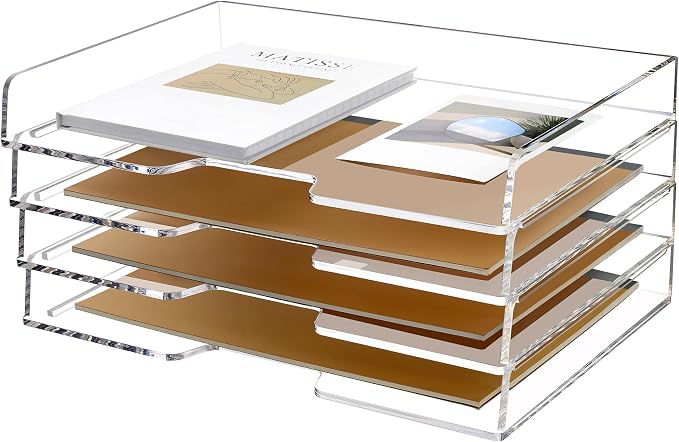 SANRUI 4 Tier Acrylic Paper Letter Tray Desk Stackable Organizer Trays，Clear Enlarged A4 Stackable File Document Tray， Workspace Office Supplies Organizers and Accessories Sorter，13.82inx9.29inx6.7in by SANRUI