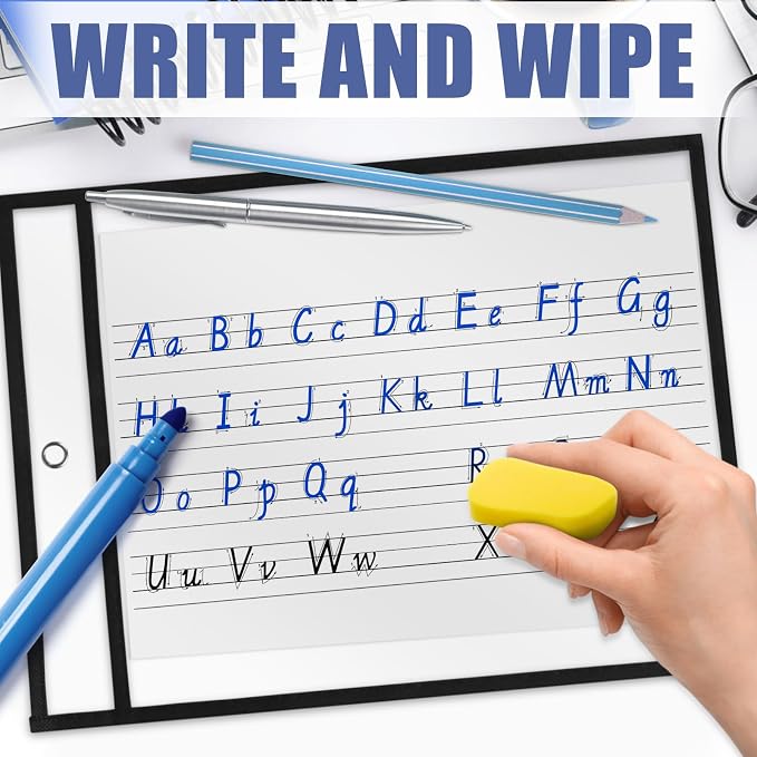 Heavy Duty Dry Erase Pockets 9x12, Job Ticket Holders 50 Pack Plastic Paper Sleeves Sheet Protectors 8.5 x 11 Clear Document Sleeves for Shop Office Classroom Home, Black - Image 2