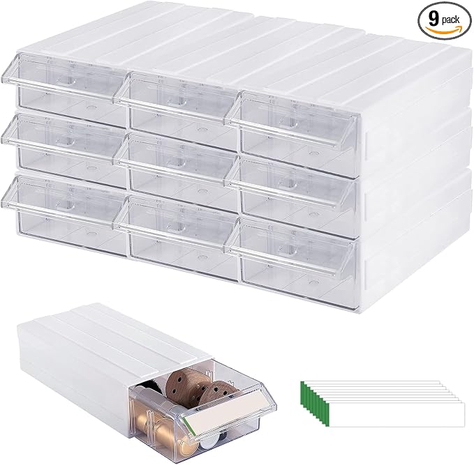 9 Pcs Drawer Stacking Storage Cabinet with 18 Pcs Clear Dividers Organizer Rack & 9 Pcs Tag Card, Plastic Stacking Storage-in-Drawer Cabinet for Home Office Small Items by Voittozege