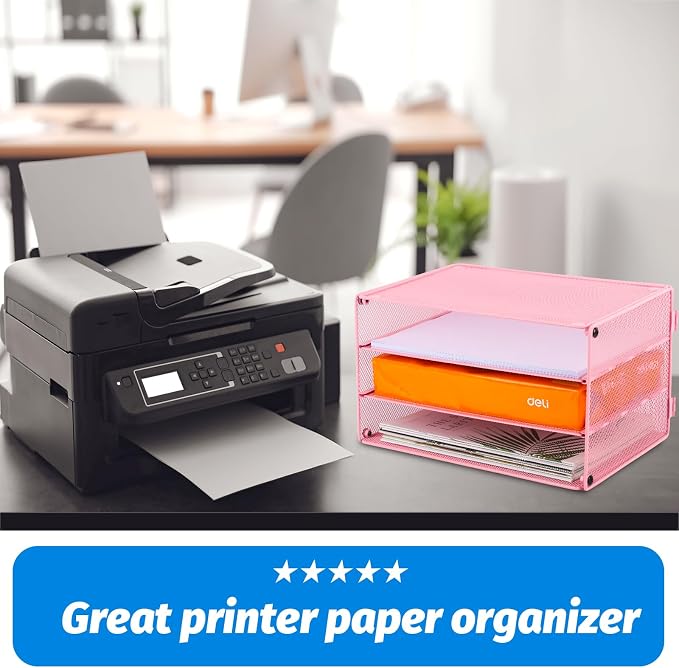 Paper Organizer Tray, 3 Tier Mesh Desk File Organizer Letter Sorter Holder for Home Office, Pink - Image 5