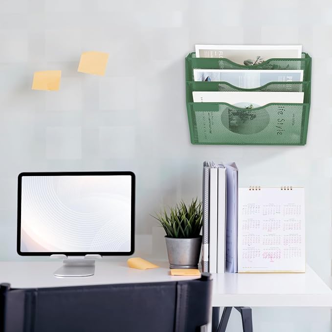 3 Pocket Mesh Hanging Wall File Organizer, Wall Mounted Mail Paper Document Folder Holder, Clipboard Storage Organization Magazine Rack with Nametag Label for Office Home School, Dark Green - Image 7