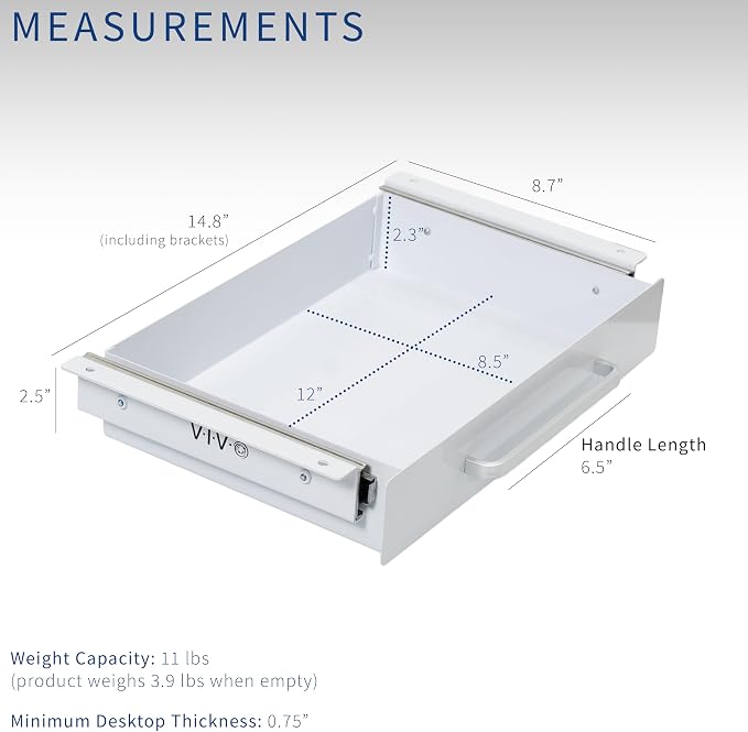 VIVO White 13 x 9 inch Under Desk Storage Drawer, DESK-DR1H-W | Sliding Steel Pull-out Drawer for Office Desk, Pull Handle, Storage Organizer for Sit Stand Workstation, Holds 11 lbs - Image 2