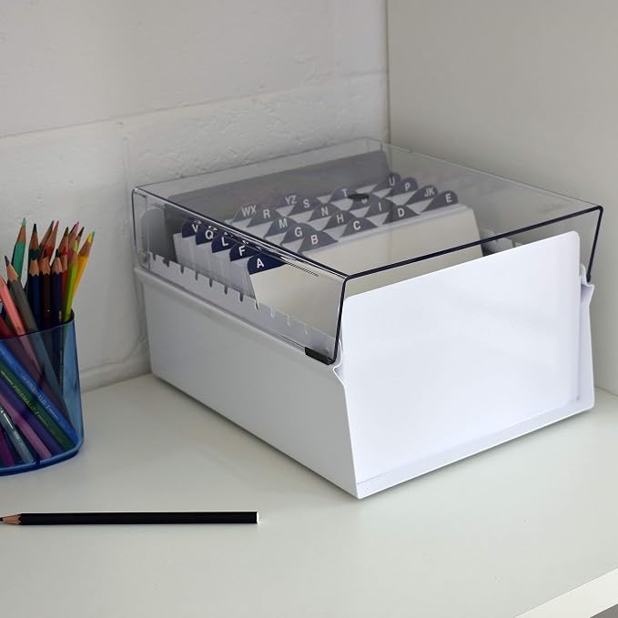 Acrimet 6 x 9 Card File Holder Organizer Box Metal Base Heavy Duty (AZ Index Cards and Divider Included) (White Color with Crystal Plastic Lid Cover) - Image 3