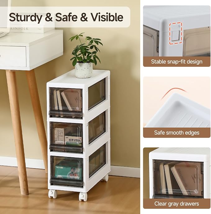 Plastic 3 Drawer Storage Organizer, Narrow Plastic Storage Drawers with Wheels, Storage Cart with Drawers for Small and Narrow Space, 7.87-inch Wide (gray) - Image 6