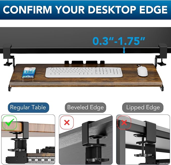 Keyboard Tray Under Desk Pull Out with Extra Sturdy C Clamp Mount System, 32.8 (38 inch Including Clamps) x 12 Inch Slide-Out Platform Computer Drawer for Typing Vintage AX01WG202 - Image 7
