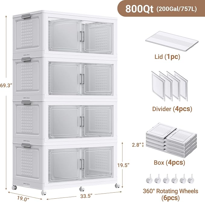 200Gal XL Stackable Storage Bins Foldable Box Cabinet for Home 4Pack White | Extra Large Plastic Boxes with Dividers Multi-Compartment Collapsible Closet Organizers and Storage Cabinet with Wheels Door - Image 2