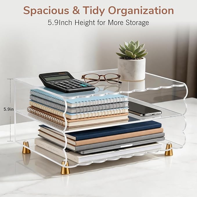 2+1 Tier Paper Letter Tray,Acrylic Desk Organizer with Scalloped Edge& Gold Metal Feet,Top Display Design,Space Saving Clear Organizer for Women, A4 File, Letter, Books,Notes,Home & Office - Image 4