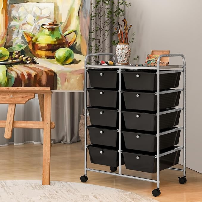 COSTWAY 10 Drawer Rolling Storage Cart, Utility Cart with Lockable Wheels | Mobile Art Supply Craft Organizer with Metal Frame, Multipurpose Drawer Cart for Paper for Office, School, Black - Image 2