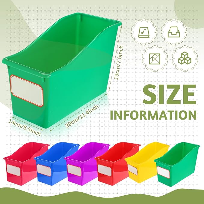 Teling 12 Pcs Book Bins Bulk for Classroom Storage Plastic Magazine Holder with Label Interlocking File Folder Organizer Binder Container Box for School Office Desktop Bookshelf Home (Rainbow) - Image 2