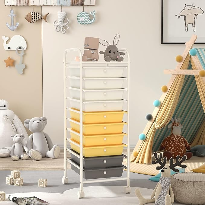 Storage Cart, Rolling Utility Cart with 10 Drawers, Portable Handles & Lockable Wheels, Mobile Paper Toys Storage Organizer Large Capacity for Home Office School Teacher (Yellow) - Image 9