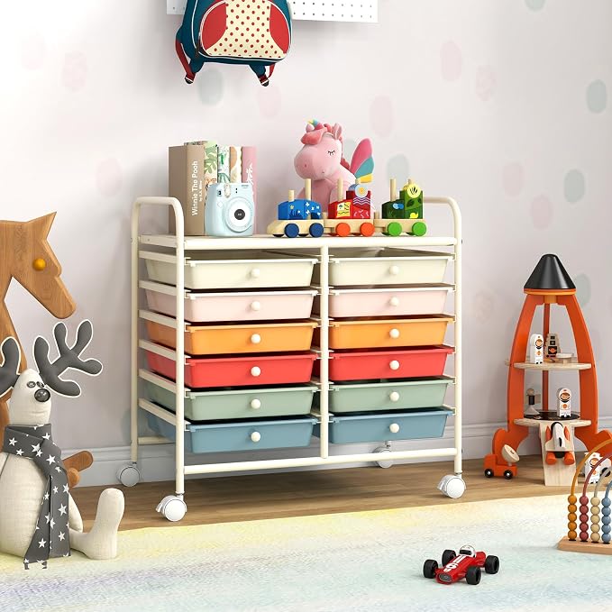 GOFLAME 12-Drawer Rolling Storage Cart, Multifunctional Art Craft Organizer Cart, Mobile Utility Storage Cart with Removable Drawers & Lockable Wheels, Craft Cart for Home Office School, Macaron Color - Image 9