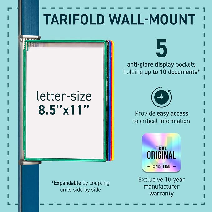 Tarifold Expandable Wall Mount Reference System, 5 Pockets, Assorted Colors | 5 Double-Sided PVC Pockets, Holds 10 Letter-Size Sheets, Sturdy Wall-Mount Bracket, Snap-On Index Tabs, Easy to Install - Image 3