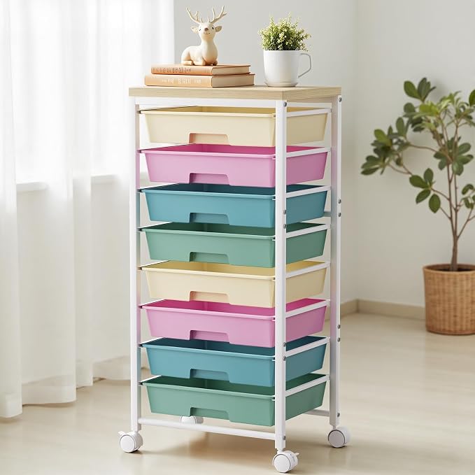 Rolling Cart with 8 Drawers, Plastic Drawer Storage Carts with Wheels & Wooden Tabletop, Metal Utility Cart Organizer for Bedroom Living Room Office Classroom Craft Organization and Storage, Colorful - Image 7