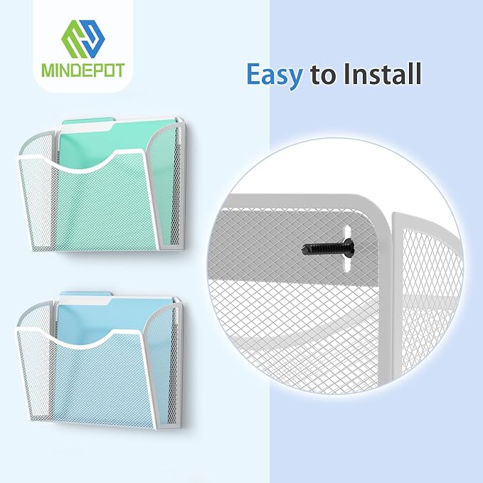 MINDEPOT Wall File Organizer, Hanging Wall File Holder, 3 Pack, Black | Heavy Duty Iron, Metal Mesh Wall Mount, Single Pocket, Mail Organizer, for Office School Classroom Home, Letter A4 Size - Image 4