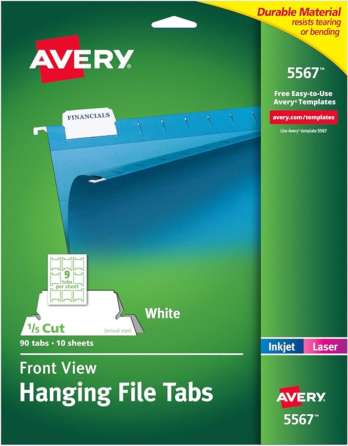 Avery Printable Hanging Tabs, 1/5 Tab, 2 1/16, White, 5 Packs (5567) by Avery