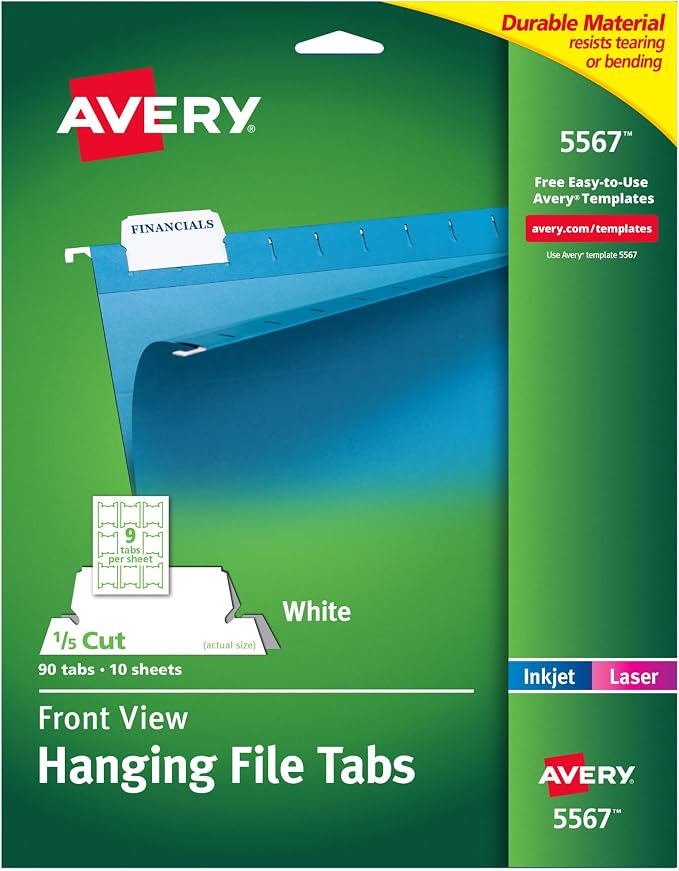 Avery® Printable Hanging File Folder Tabs, 1/5 Cut, White, 90 Total (5567) by Avery