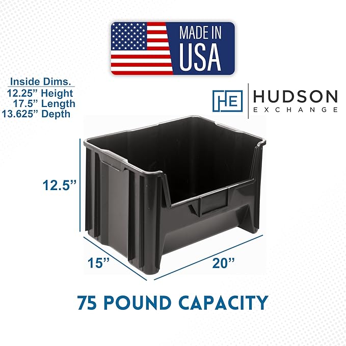 HE HUDSON EXCHANGE 20" x 15" x 12.5" Plastic Giant Stackable Hopper Bin, Black - Image 2