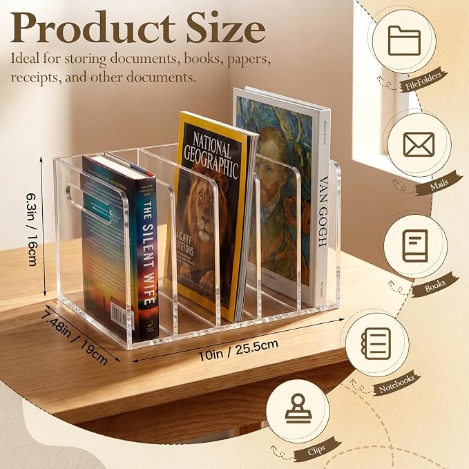 Didaey 2 Pcs Acrylic Magazine File Holder, 5 Vertical Compartments Desk Sorter Organizer Magazines Documents Books Accessories Clear Folder Rack Binder for Office Home (B5,5 Sections,Clear) - Image 2