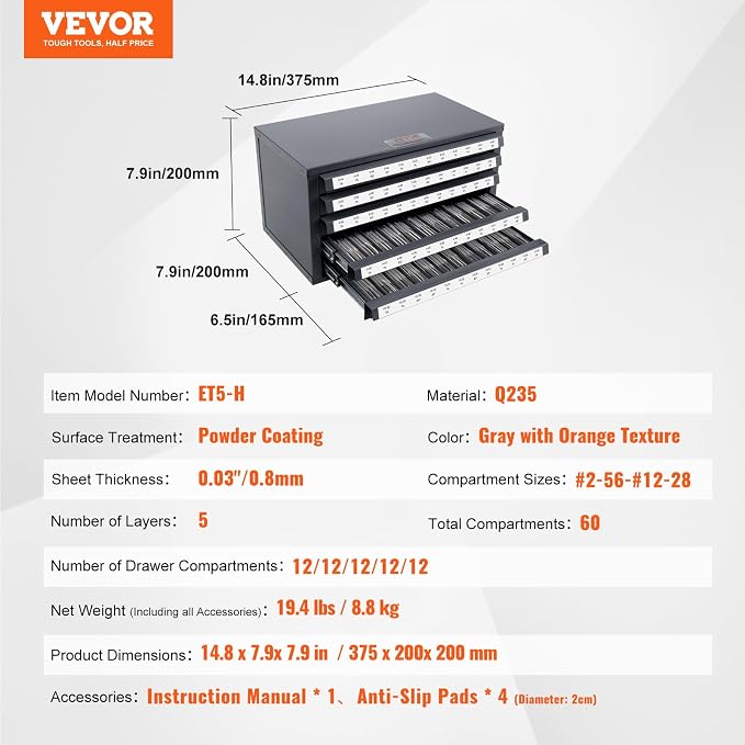 VEVOR Five-Drawer 2-56-#12-28 Steel Dispenser Organizer Labels, 60-Compartment Stackable Cabinet for Tap Storage, Gray with Orange Texture - Image 3