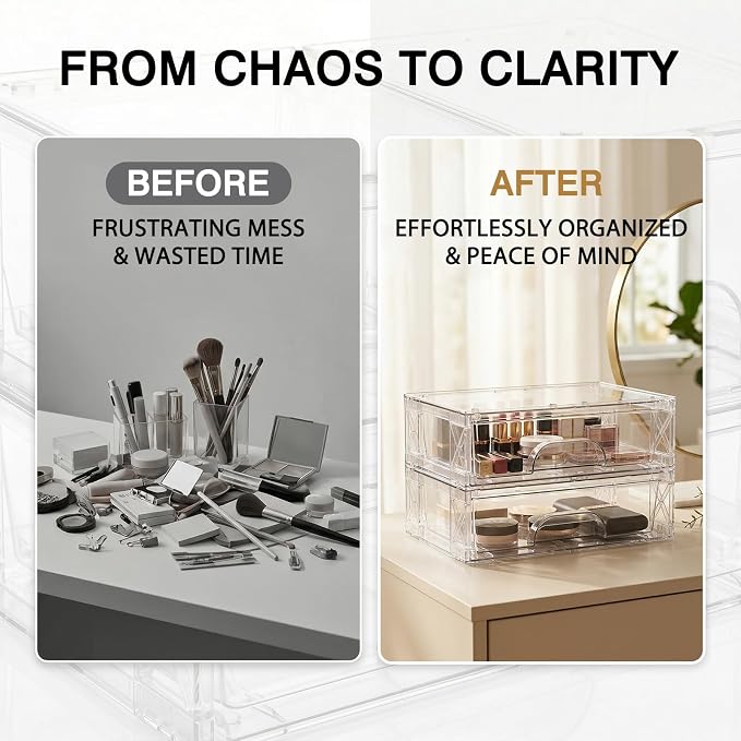 Clear Stackable Storage Drawers 2 Pack 3.5in Organizer Plastic Bins | Clear Plastic, Pull-Out Drawers, Easy Assembly, Stackable Design, for Cosmetics Bathroom Kitchen and Cabinet Storage - Image 8