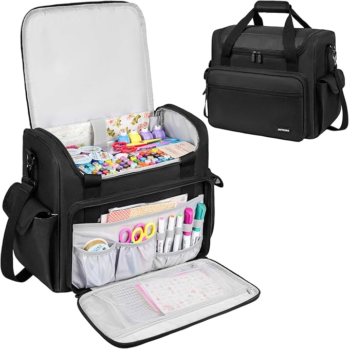 Craft Bag for Scrapbook Supplies, Large Scrapbook Tote with 15.6'' Laptop Sleeve, Art Supply Storage Bag with Multiple Pockets for Scrapbooking Tools, Black by Jaffzora