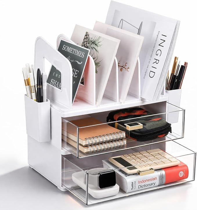 LALOBLUE Acrylic Desk Organizer with Drawer and Vertical File Holder, Desk Organizers and Accessories, Multi-Functional Office Supplies Organizer for Home or Work Desk, White by Laloblue