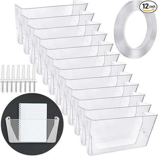 Tenceur 12 Pcs Plastic Single Pocket Wall Mount File Holder with Double Sided Adhesive Tape and Screws Wall File Hanging Folder Letter Paper Mail Organizer for Office Home Classroom (Clear) by Tenceur