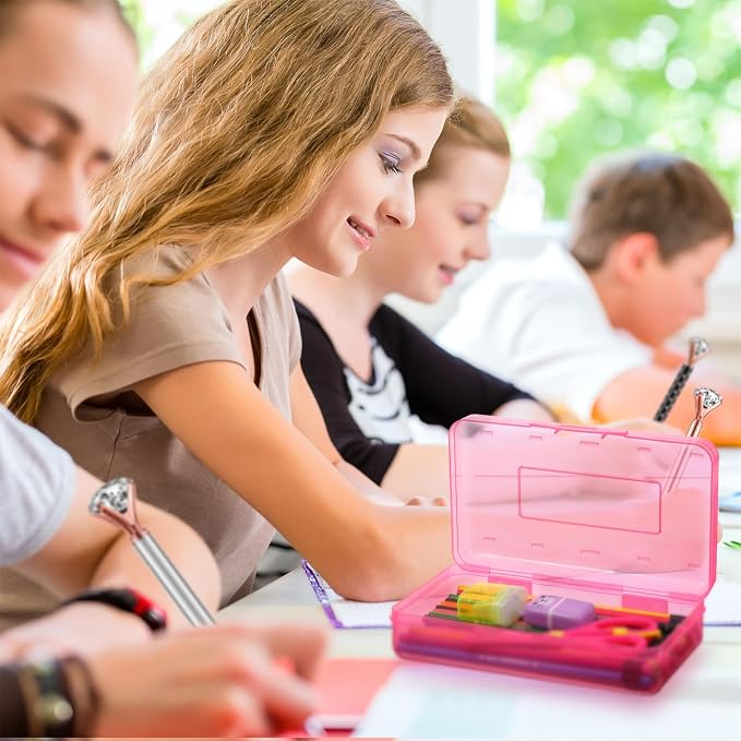 Leelosp 12 Pack Clear Pencil Boxes for School Bulk, Large Plastic Pencil Case with Lid, Stackable Hard Crayon Storage Box for Classroom Kids, Desk Drawer Organizer for Office Home(Pink) - Image 6